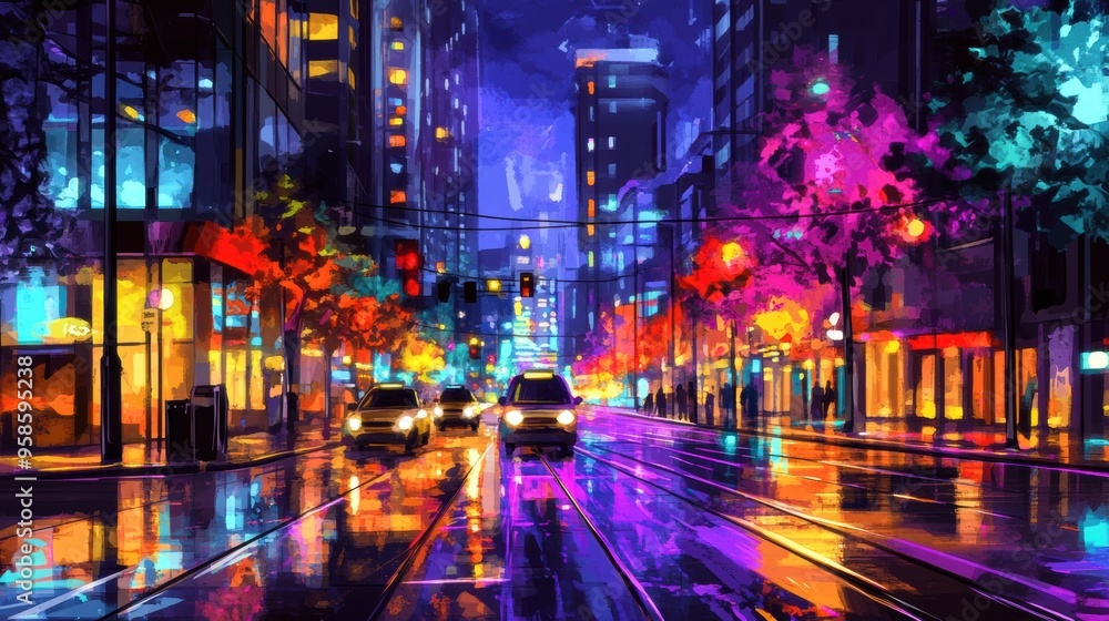 Captivating Neon Lit Cityscape Amid Rainy Night in Vibrant Urban Setting Captivating Neon Lit Cityscape Amid Rainy Night in Vibrant Urban Setting