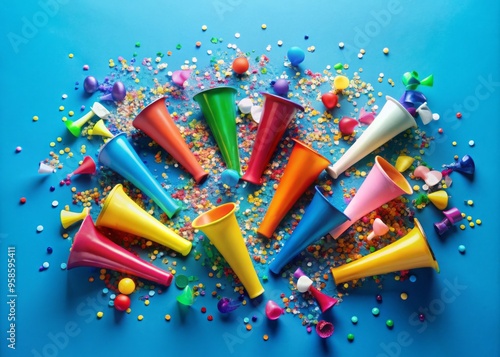 Colorful confetti-filled air horns in various shapes and sizes, placed on a bright blue background, ready to add photo