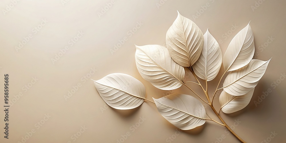 An elegant ivory leaf arrangement is captured from a low angle against a beige background creating a harmonious and sophisticated composition, sophisticated, leaf arrangement An elegant ivory leaf arrangement is captured from a low angle against a beige background creating a harmonious and sophisticated composition, sophisticated, leaf arrangement