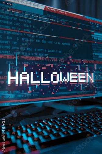 Computer screen showing a 'Halloween' message amid code with spooky elements.