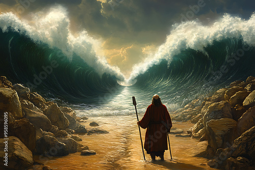 Moses stands before the parted Red Sea, revealing a miraculous path through the water.