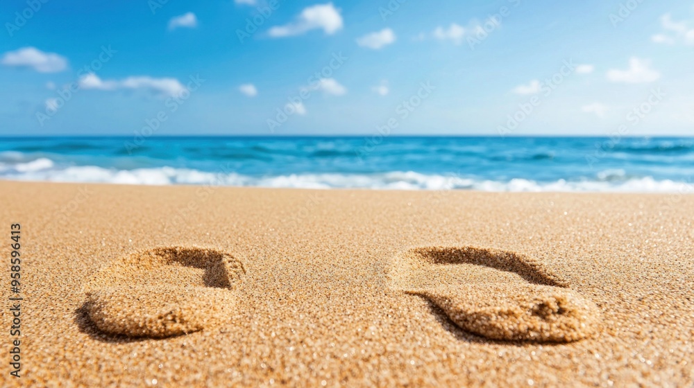 Fresh footprints in the sand leading to the ocean, symbolizing a new path Fresh footprints in the sand leading to the ocean, symbolizing a new path