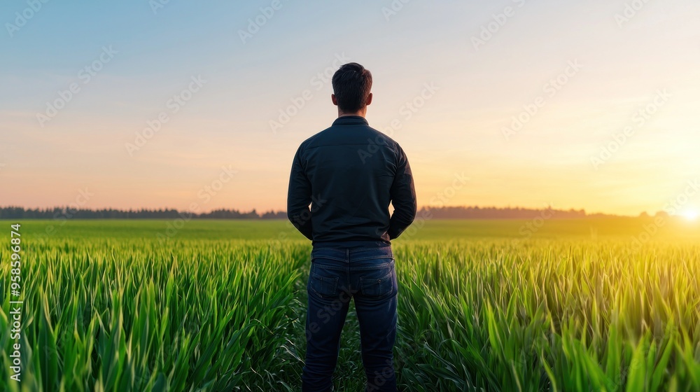 Person standing in an open field at sunrise, ready to embrace new possibilities Person standing in an open field at sunrise, ready to embrace new possibilities