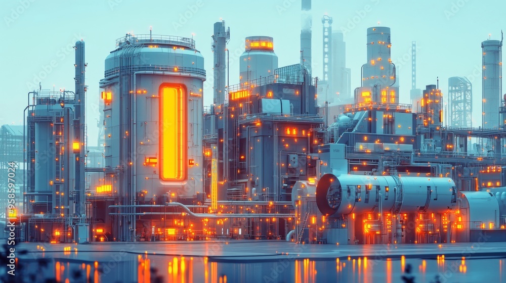 Futuristic Industrial Complex with Glowing Lights and Reflections Futuristic Industrial Complex with Glowing Lights and Reflections