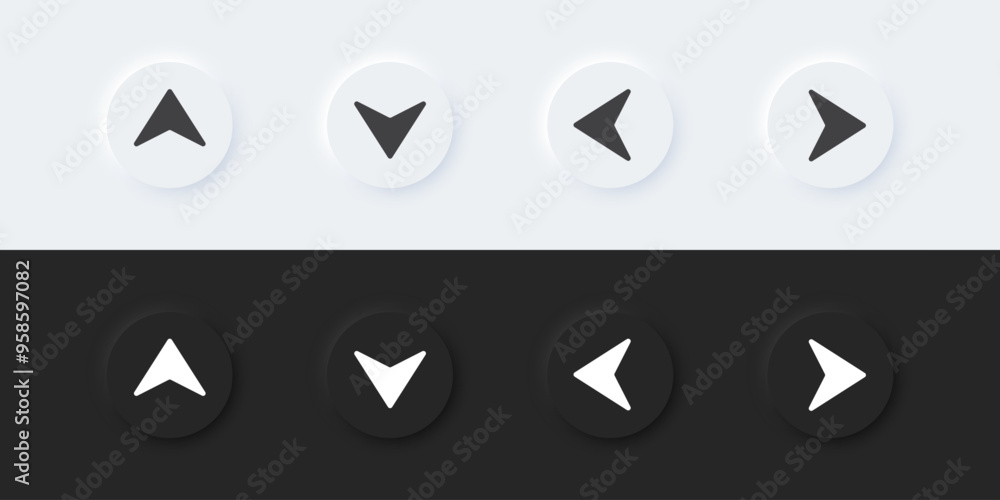 Arrow sign icon. Up down left right sign. A set of round buttons with symbols. 3D icon in trendy neumorphism style for apps and websites. UI UX elements. Vector illustration. Arrow sign icon. Up down left right sign. A set of round buttons with symbols. 3D icon in trendy neumorphism style for apps and websites. UI UX elements. Vector illustration.