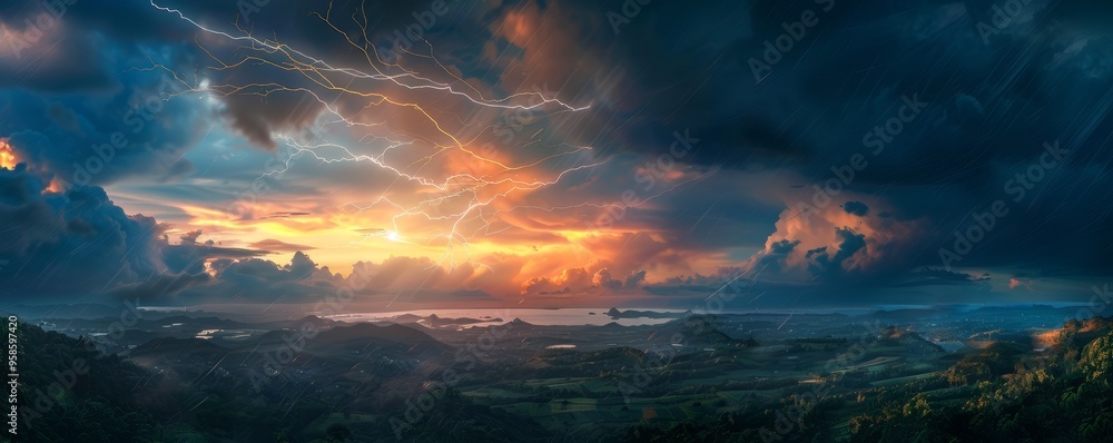 Lightning forks across twilight sky, 4K hyperrealistic photo Lightning forks across twilight sky, 4K hyperrealistic photo