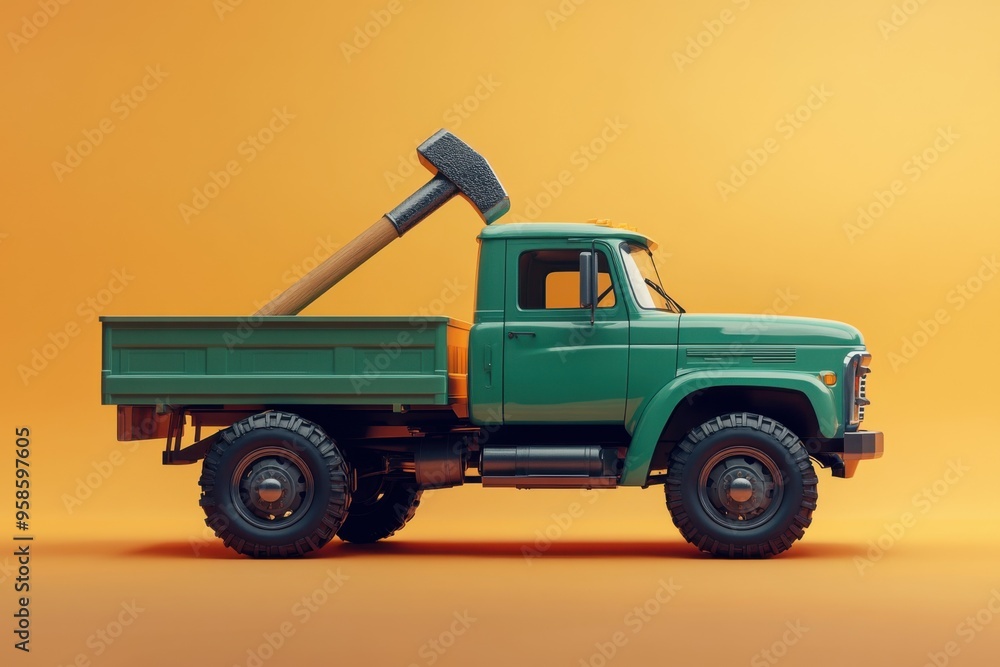 A green truck featuring an oversized hammer in the bed and on top sits against a pastel orange background, creating a playful and imaginative atmosphere A green truck featuring an oversized hammer in the bed and on top sits against a pastel orange background, creating a playful and imaginative atmosphere