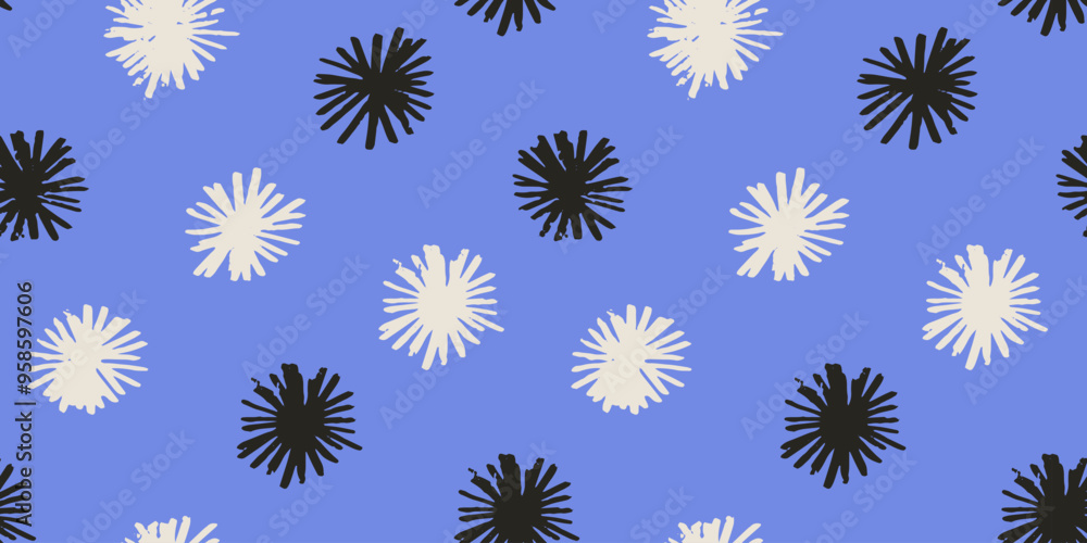 Seamless pattern with various hand-drawn doodle elements on a blue background. Cute textured brush strokes. Seamless pattern with various hand-drawn doodle elements on a blue background. Cute textured brush strokes.
