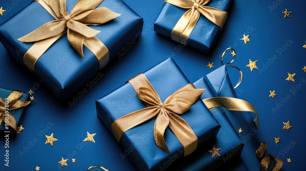 blue gifts with golden bows and ribbons placed on blue background near stars blue gifts with golden bows and ribbons placed on blue background near stars