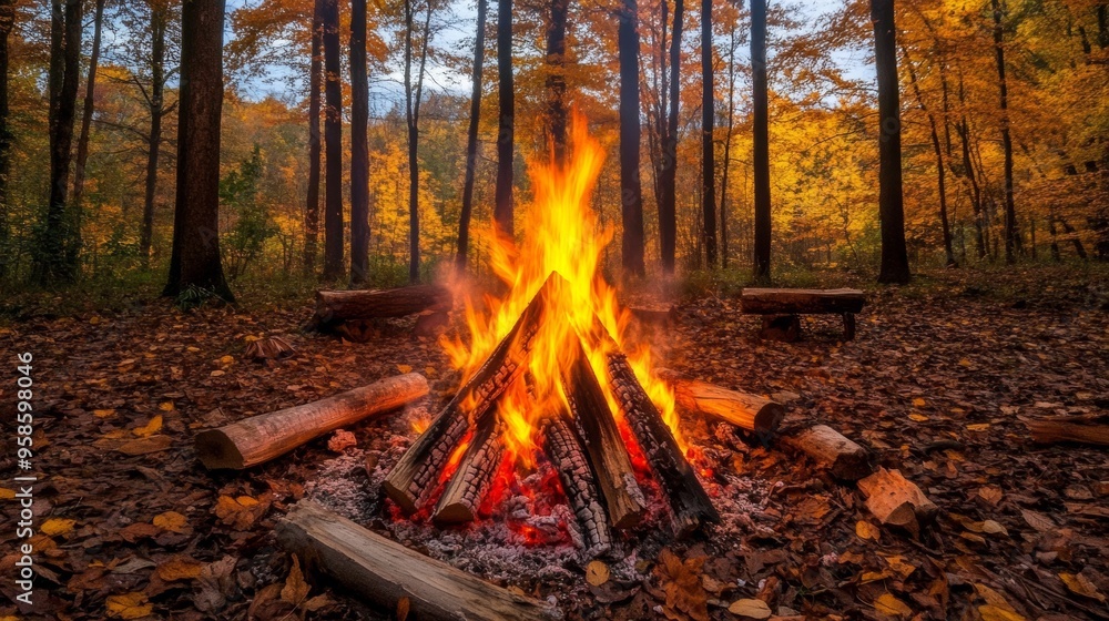 A cozy bonfire scene with a large, roaring fire set in a clearing surrounded by tall trees with colorful autumn leaves. The fire's warm light illuminates the surrounding area, casting flickering A cozy bonfire scene with a large, roaring fire set in a clearing surrounded by tall trees with colorful autumn leaves. The fire's warm light illuminates the surrounding area, casting flickering