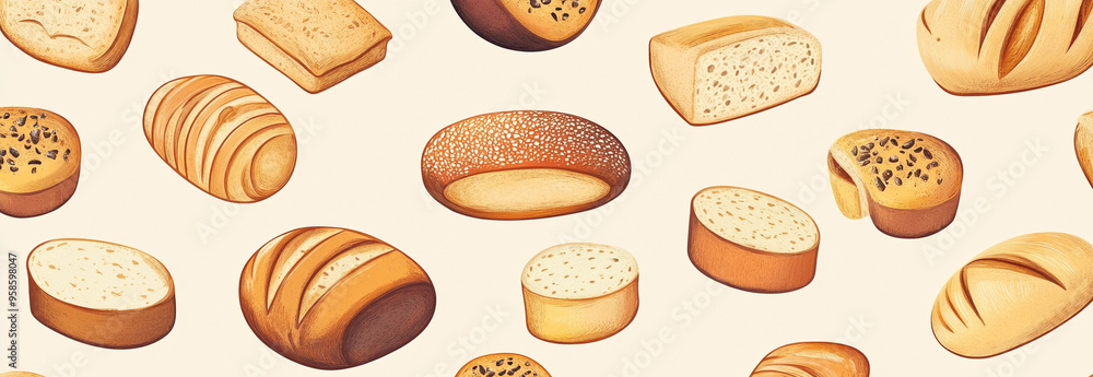 Illustration pattern of Breads on a light beige background in landscape format Illustration pattern of Breads on a light beige background in landscape format