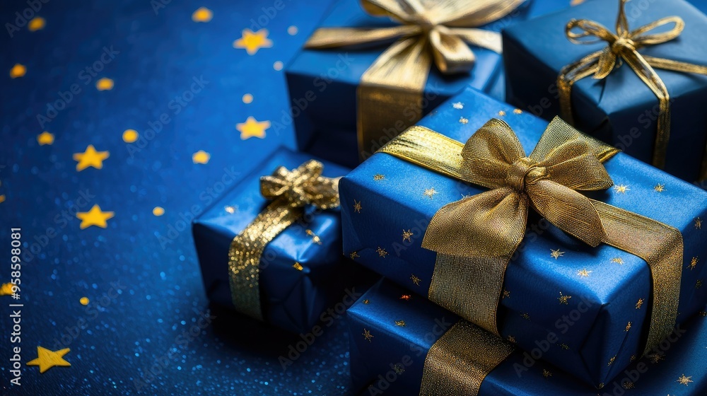 blue gifts with golden bows and ribbons placed on blue background near stars blue gifts with golden bows and ribbons placed on blue background near stars
