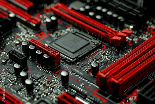 Close-up of a Red and Black Motherboard with Components