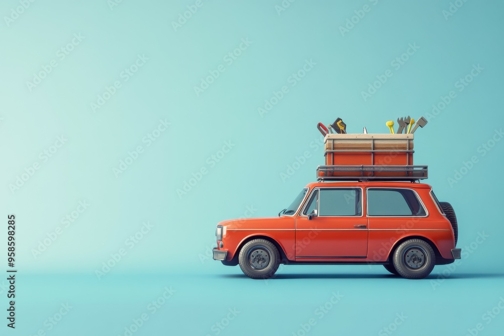 A bright red car creatively decorated with various construction tools and a large toolbox on the roof, set against a calming light blue background A bright red car creatively decorated with various construction tools and a large toolbox on the roof, set against a calming light blue background