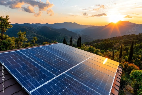 Sustainable energy, solar panels, rooftop installations transform sunlight into usable electricity for homes
