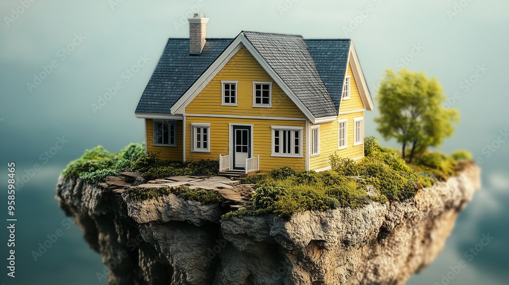 The image depicts a charming yellow house with a blue roof perched on a small, floating island The image depicts a charming yellow house with a blue roof perched on a small, floating island