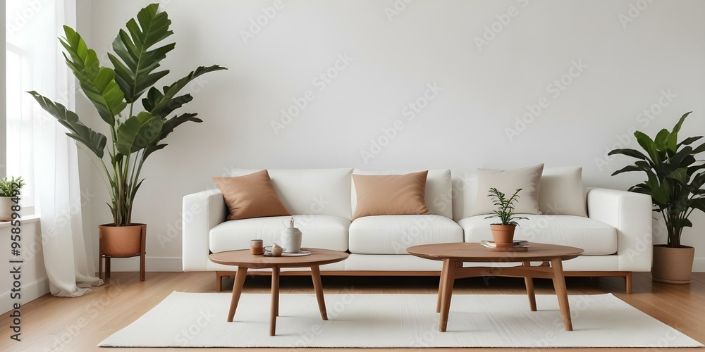 A minimalist living room with a white sofa, a wooden side table, and a potted plant. A minimalist living room with a white sofa, a wooden side table, and a potted plant.