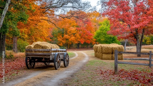 Fototapeta Naklejka Na Ścianę i Meble -  A picturesque hayride scene with a wooden wagon filled with hay bales, set against the backdrop of a vibrant autumn forest. The trees are ablaze with fall colors, their leaves ranging from deep red