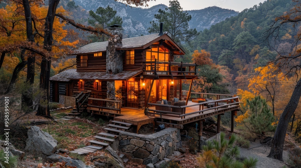 Obraz premium A serene, picturesque wooden cabin nestled in a lush, autumn forest with vibrant fall foliage and surrounded by majestic mountains, offering a peaceful retreat