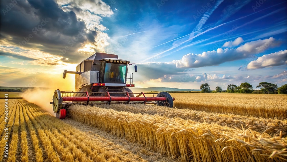 Fototapeta premium rural, yellow, agriculture, farm, low angle, wheat, golden, Combine harvester harvesting wheat in a vast agricultural field in Somerset captured from a low angle perspective