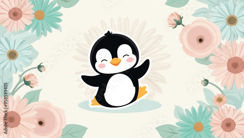 cute cartoon penguin, yoga pose, flowers, flat design illustration