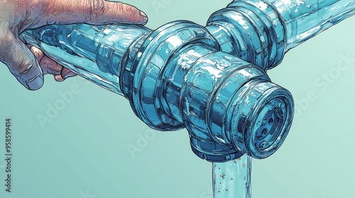 A realistic depiction of a hand operating a water meter valve, clear pipes showing the flow of water, capturing the intricacies of the plumbing system photo