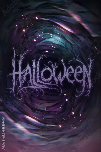 Eerie Halloween-themed abstract artwork with swirling colors and spooky text.