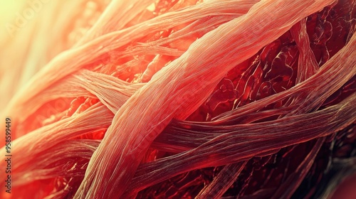 Close-up of intricate muscle fibers showcasing detailed textures in warm hues, ideal for health and fitness themes.