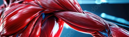 Close-up of vibrant muscular tissue showcasing intricate details and textures, ideal for health, anatomy and fitness projects.