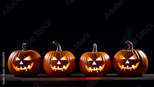 halloween card featuring glowing surrounded candles black background row sinister pumpkins carved grimaces smokes ominously darkness