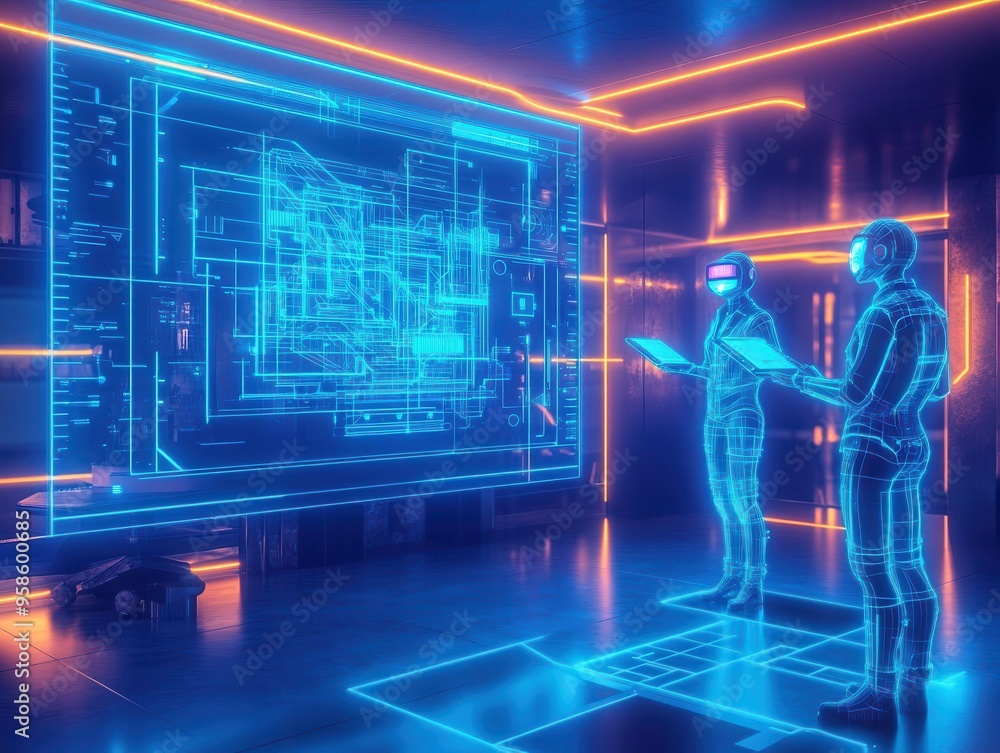Immerse viewers in a futuristic corporate setting as holographic professionals in a cyberpunk-inspired virtual conference room interact with a digital blueprint on a floating scree Immerse viewers in a futuristic corporate setting as holographic professionals in a cyberpunk-inspired virtual conference room interact with a digital blueprint on a floating scree