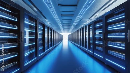 High-performance server racks in a well-lit industrial data center with a blue lighting scheme. photo