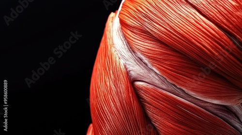 Close-up view of human muscle, showcasing intricate fiber details and textures against a dark background, highlighting anatomical structure.