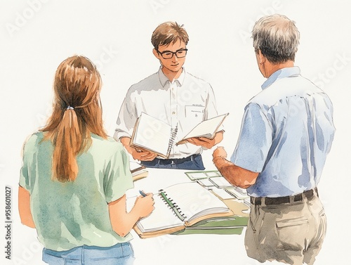 A group of three individuals engaged in a discussion, reviewing documents and sharing ideas in a collaborative environment. watercolor style.