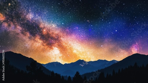 Colorful milkyway galaxy night stars landscape