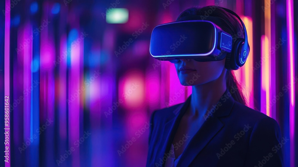 Woman wearing VR headset in a futuristic neon lit setting. Woman wearing VR headset in a futuristic neon lit setting.