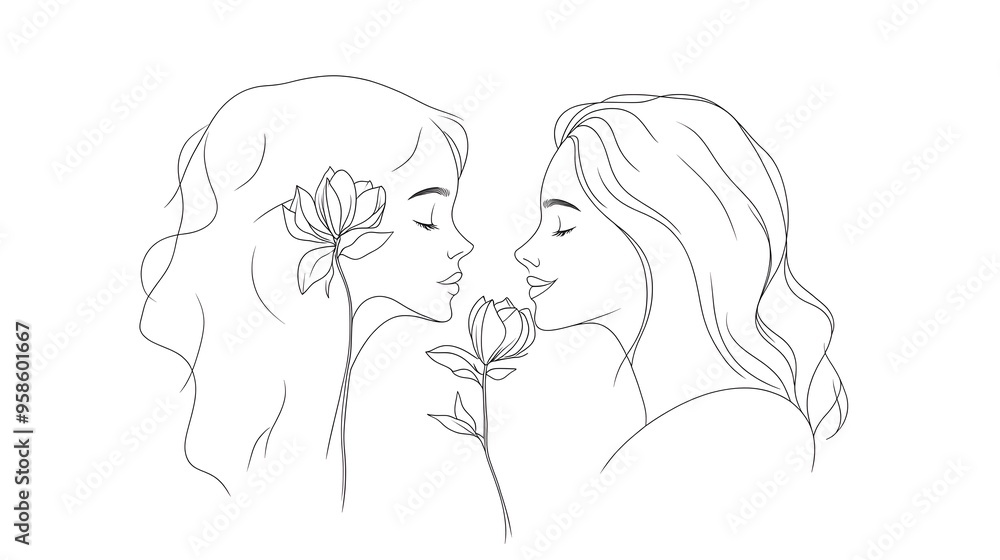 Delicate Floral Embrace - Intimate Silhouette of Two Graceful Figures Delicate Floral Embrace - Intimate Silhouette of Two Graceful Figures