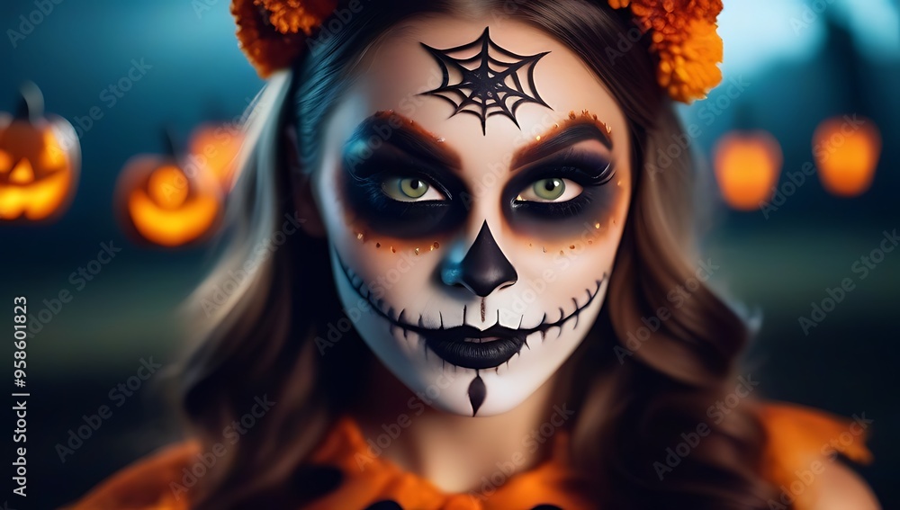 playful girl adorned captivating halloween makeup playfully directs attention mischievous point playful girl adorned captivating halloween makeup playfully directs attention mischievous point