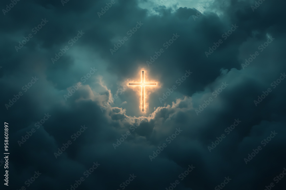 A glowing cross is prominently displayed in a cloudy sky, radiating bright light through the clouds. A glowing cross is prominently displayed in a cloudy sky, radiating bright light through the clouds.