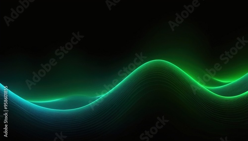 Abstract green and blue glowing wave pattern on a black background.