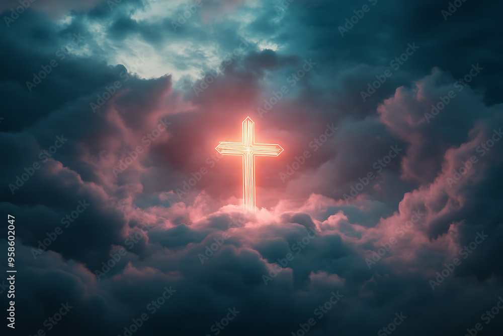 A glowing cross is prominently displayed in a cloudy sky, radiating bright light through the clouds. A glowing cross is prominently displayed in a cloudy sky, radiating bright light through the clouds.