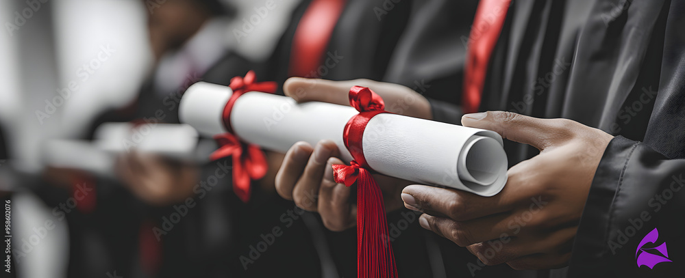 “Close-Up of Hands Holding a Graduation Diploma with a Red Ribbon, Symbolizing Achievement and Success, Perfect for Representing Educational Milestones, Academic Accomplishments, and Celebrations of G “Close-Up of Hands Holding a Graduation Diploma with a Red Ribbon, Symbolizing Achievement and Success, Perfect for Representing Educational Milestones, Academic Accomplishments, and Celebrations of G
