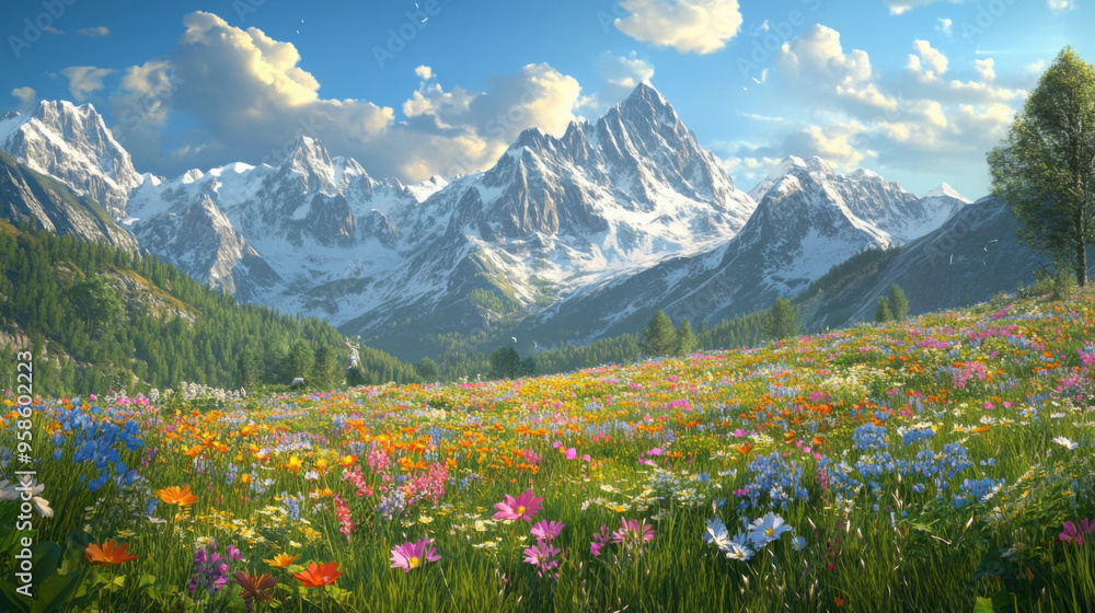 The Alps in spring, with fields of wildflowers in full bloom and rugged mountain peaks towering above, under the warm sun. The Alps in spring, with fields of wildflowers in full bloom and rugged mountain peaks towering above, under the warm sun.