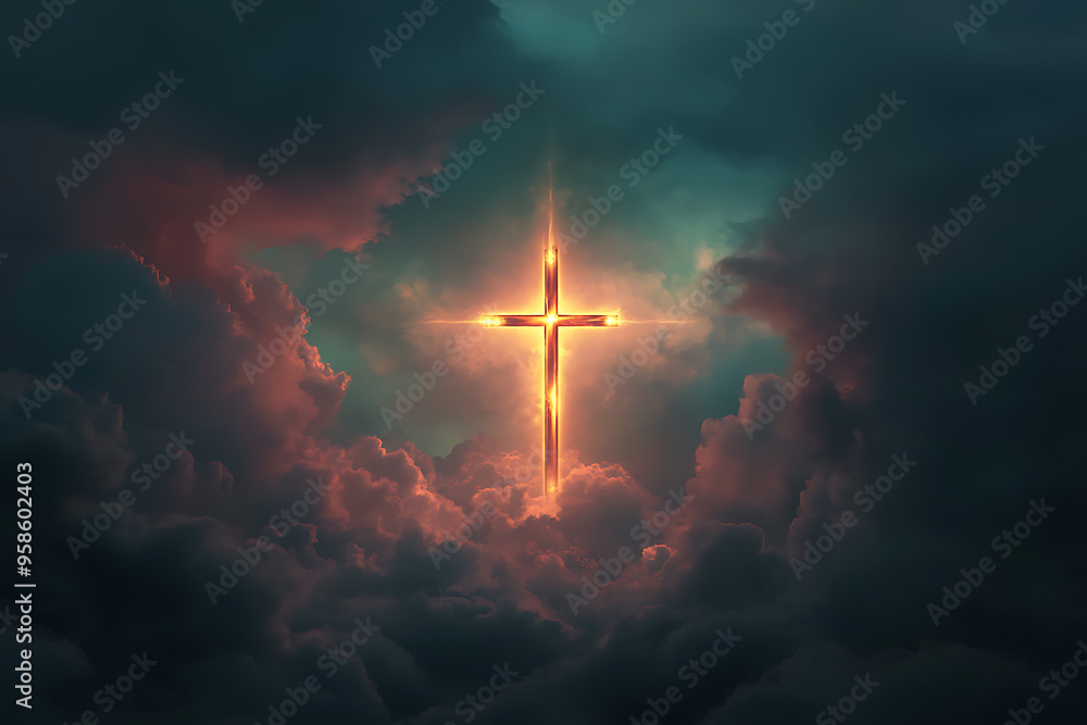 A glowing cross is prominently displayed in a cloudy sky, radiating bright light through the clouds. A glowing cross is prominently displayed in a cloudy sky, radiating bright light through the clouds.