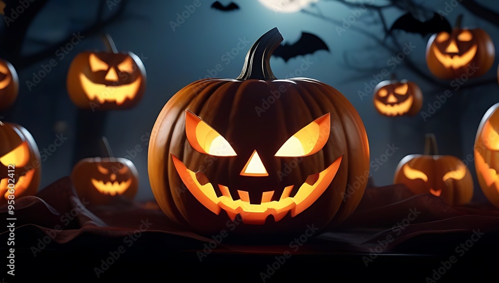 spooky halloween scene featuring laughing carved pumpkins bats flying air rendered style spooky halloween scene featuring laughing carved pumpkins bats flying air rendered style