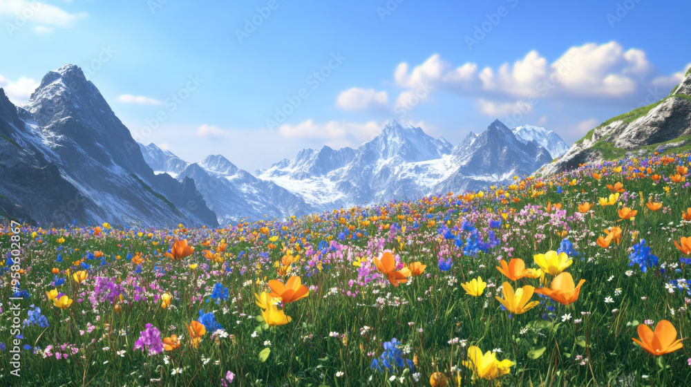 Fototapeta premium A vibrant display of spring flowers in the Alps, with majestic mountain ranges and clear skies creating a stunning backdrop.