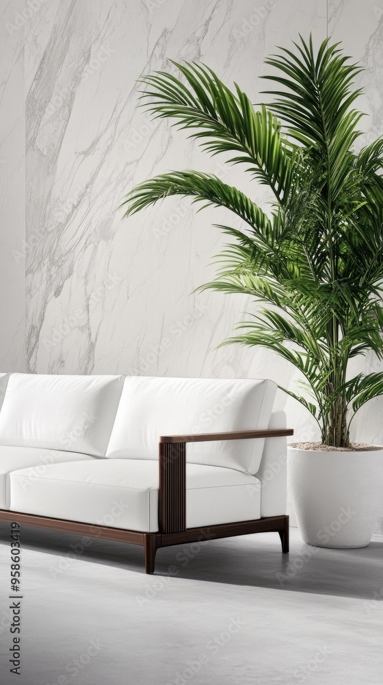 The cozy living space highlights a white marble wall behind a sleek sofa adorned with cushions, complemented by decorative plants for a tranquil atmosphere The cozy living space highlights a white marble wall behind a sleek sofa adorned with cushions, complemented by decorative plants for a tranquil atmosphere