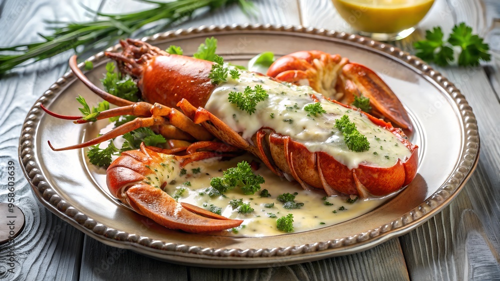 Delicious half-lobster gourmet seafood with white sauce, sweet potato, baby tomato, and lemon Delicious half-lobster gourmet seafood with white sauce, sweet potato, baby tomato, and lemon