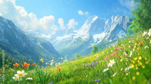 A vibrant springtime view in the Alps, with blooming flowers, green meadows, and towering mountains under a bright blue sky.