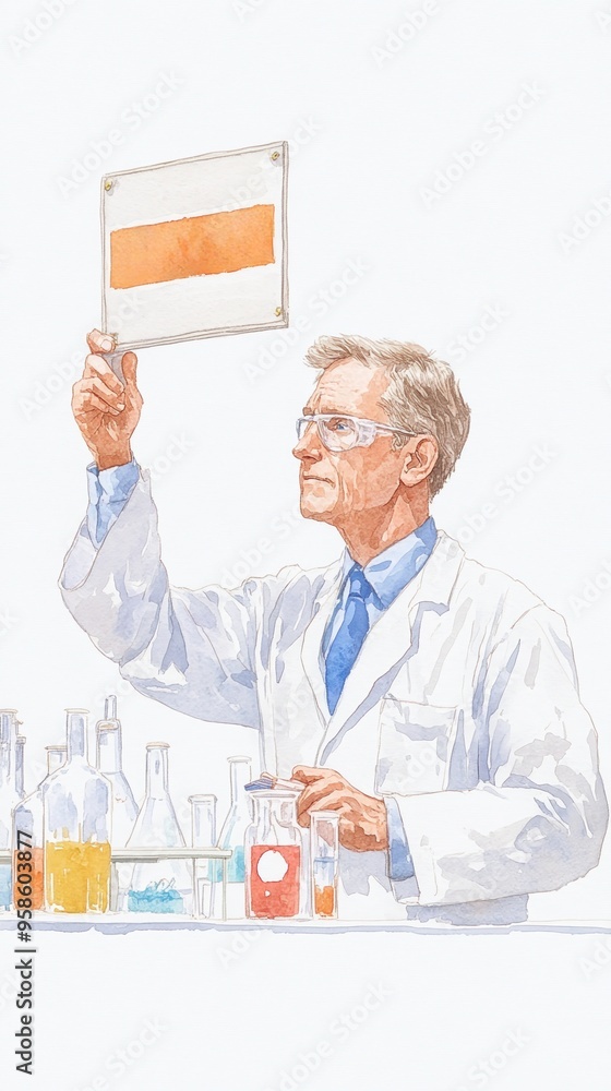 A scientist in a lab coat examines a test sample under bright laboratory lights, showcasing dedication to research and innovation. watercolor style. A scientist in a lab coat examines a test sample under bright laboratory lights, showcasing dedication to research and innovation. watercolor style.